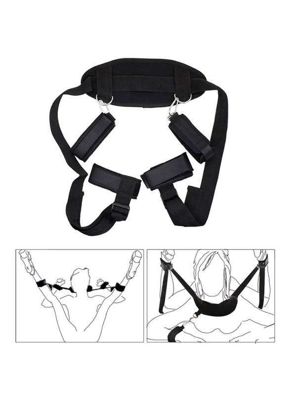 Arnês têxtil com algemas para as mãos, laços para os pés, ajuste com velcro e apoio para o pescoço, design suave, embalagem discreta preto