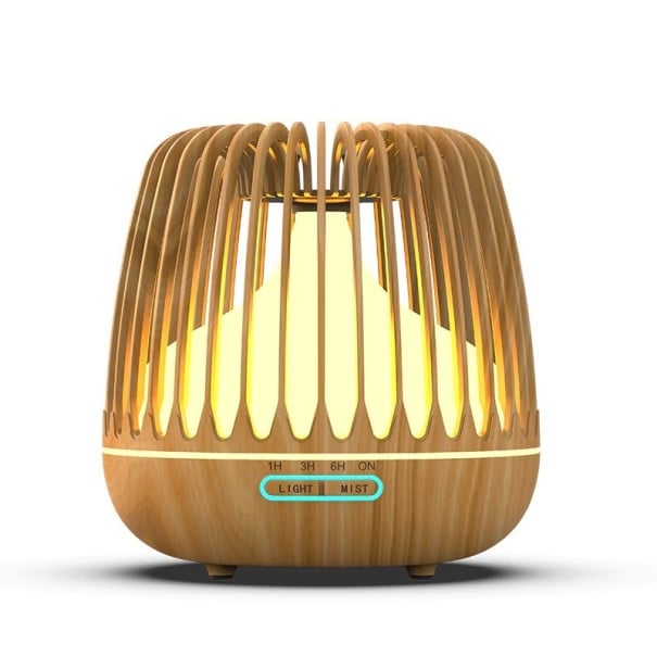 Aroma-Diffusor mit farbigem LED-Beleuchtung und Fernbedienung Wassertank 500 ml Einstellbarer Timer Lamellenabdeckung in Holzoptik hellbraun