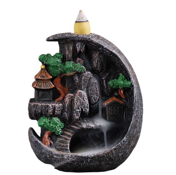 Aromalampa s tekoucím dýmem Malá dekorace s kouřovým vodopádem Stojan na vonné kužely Kadidelnice se zpětným kouřerem Vonný krb s motivem nebeské říše 10,5 x 7,5 x 12 cm 1