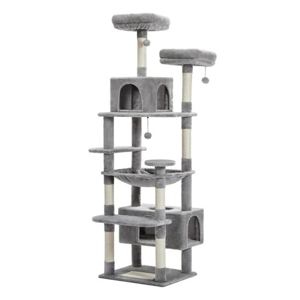Arranhador para gatos altura 184 cm base 53 x 43 cm postes de sisal natural com casinhas e rede de descanso cinza para 4 a 5 gatos grandes 1