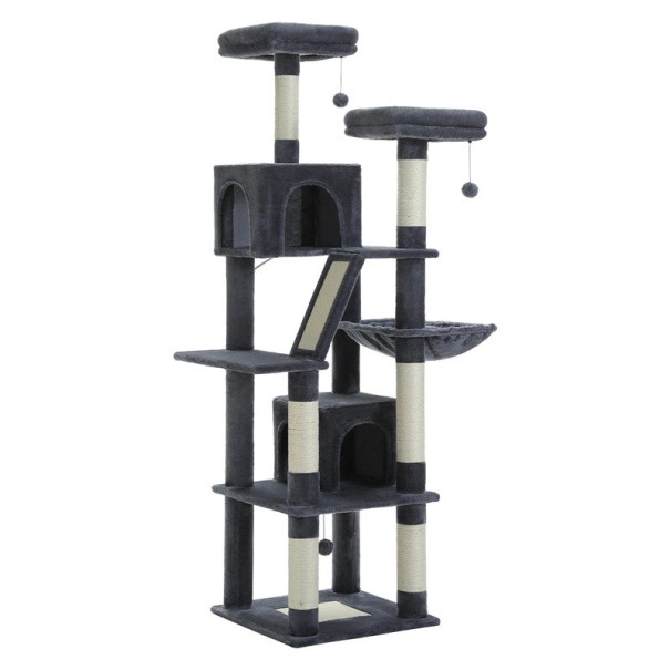 Arranhador para gatos com altura de aproximadamente 180 cm, com casinhas, rede baloiço e plataformas para 4 a 6 gatos preto