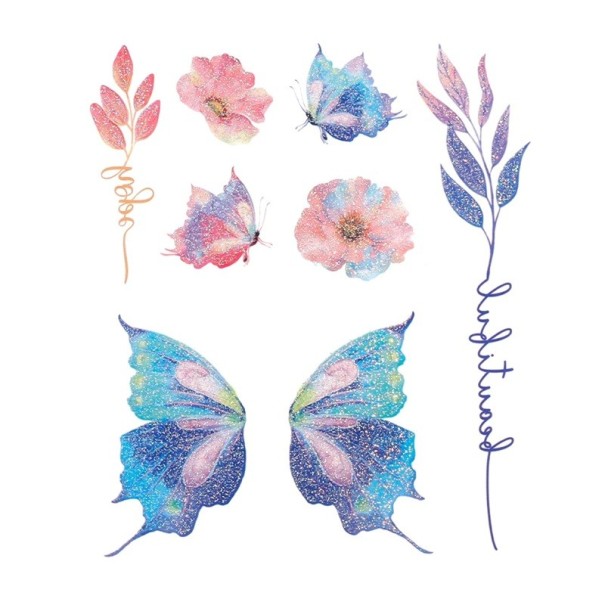 Asas de fada e borboleta com tatuagem brilhante Tatuagem falsa à prova de água 10,5 x 12 cm Maquilhagem de festival Tatuagem adesiva Adorno corporal estiloso 1