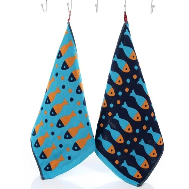 Asciugamano per bambini con stampa di pesci Asciugamano in cotone per bambini Asciugamano reversibile per bambini con gancio 35 x 40 cm blu