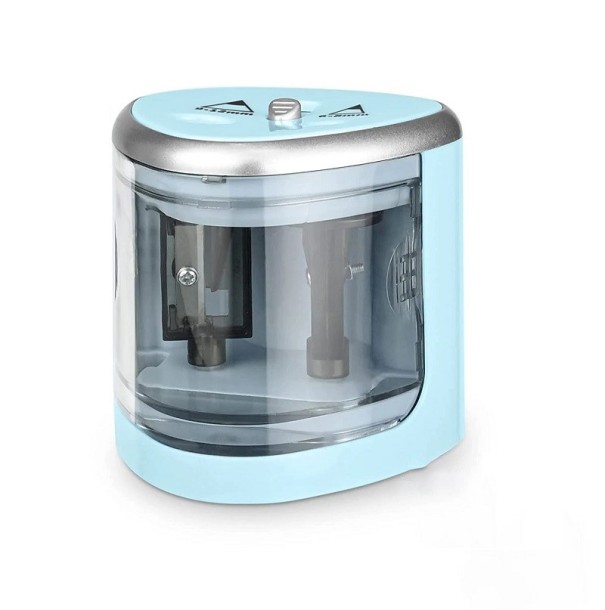 Ascuțitoare electrică automată cu două găuri Ascuțitoare electrică cu două găuri Ascuțitoare automată pentru birou 4 baterii AA 7 x 7 x 7,5 cm albastru