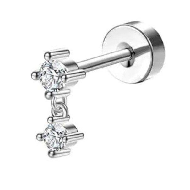 Ασημένιο piercing με δύο κρεμαστούς διαμάντες 0,8 mm x 6 mm x 10 mm χειρουργικό ανοξείδωτο ατσάλι σκουλαρίκια για ευαίσθητα αυτιά 1