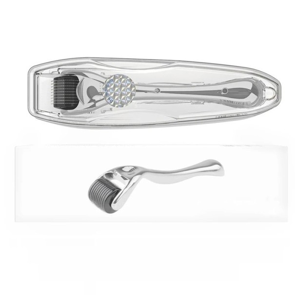 Ασημένιος derma roller με μικροβελόνες 0,2 mm Τιτανίου μεζορόλλερ για ανανέωση της επιδερμίδας με θήκη Μασάζ με 540 μικροβελόνες για λεία επιδερμίδα Εργαλείο με βελόνες για βαθιά απολέπιση του δέρματος ασημί