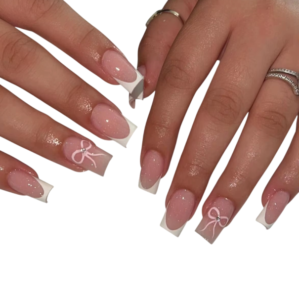 Aspetto nude delicato 24 pz Unghie artificiali in acrilico forma quadrata con manicure francese e fiocchi per manicure a casa 1