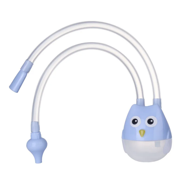Aspirator do nosa dla noworodków wykonany z PP i silikonu 21x3,2 cm z pojemnikiem z motywem sowy dla dzieci, higieniczne odsysanie niebieski