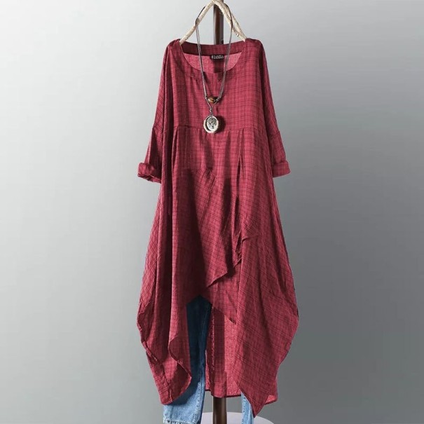 Asymetrické kockované šaty plus size vínová 3XL