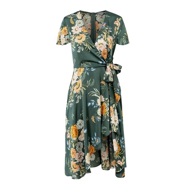 Asymetrické zelené šaty s kvetinami S
