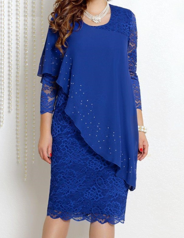 Asymmetrische jurk met kant blauw 3XL