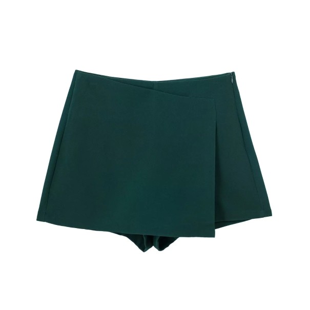 Asymmetrische Shorts für Damen mit hoher Taille und seitlichem Reißverschluss, elegante, einfarbige Vintage-Shorts, stilvolle, lässige Sommer-Shorts dunkelgrün M