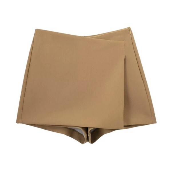 Asymmetrische Vintage Shorts für Damen mit hoher Taille und seitlichem Reißverschluss. Elegante kurze Shorts im Retro-Schnitt für Sommer und Freizeit khaki XS