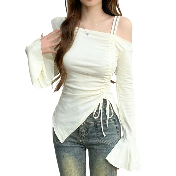 Asymmetrisches Damentop mit langen Ärmeln und Rüschen Elegante Bluse mit freiliegenden Schultern Verstellbarer Kordelzug Seitliche Falten Stilvolle Mode weiß S