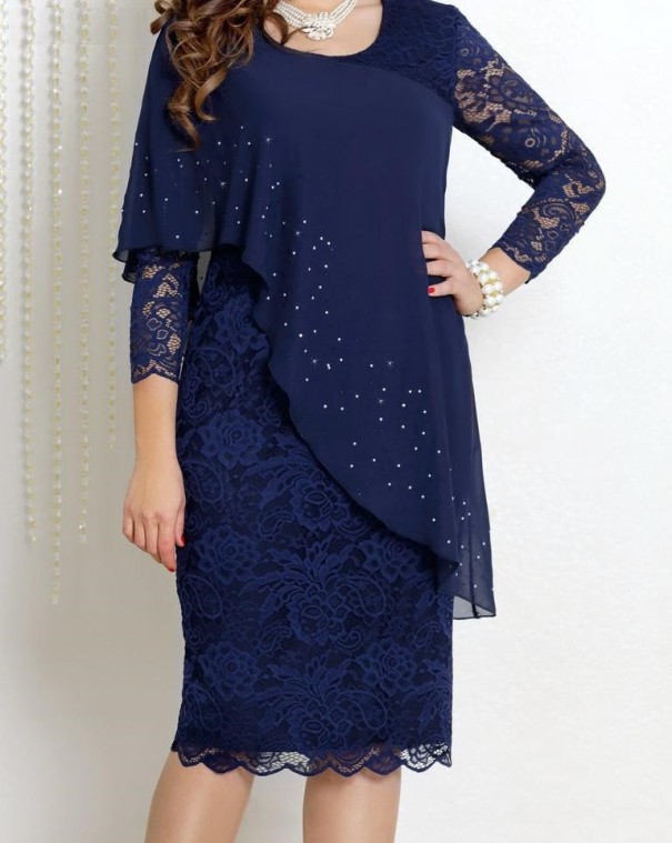 Asymmetrisches Kleid mit Spitze dunkelblau L