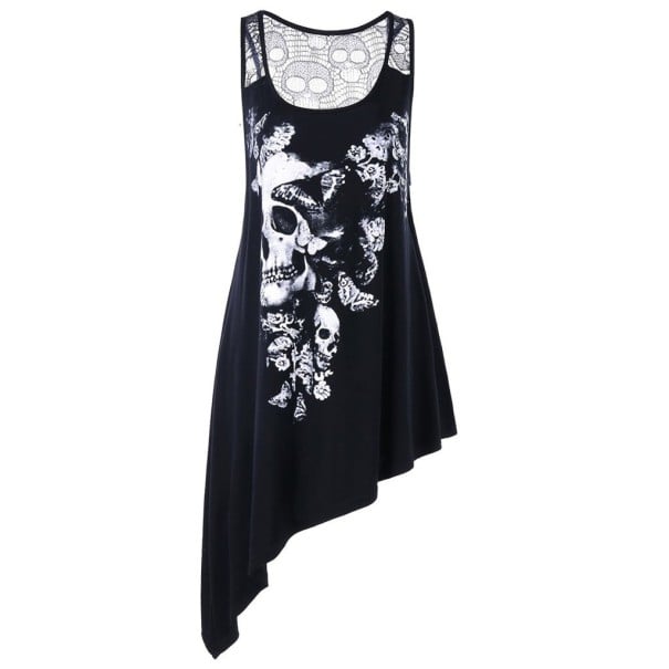 Asymmetrisches Tanktop für Damen mit Totenkopf schwarz XXL