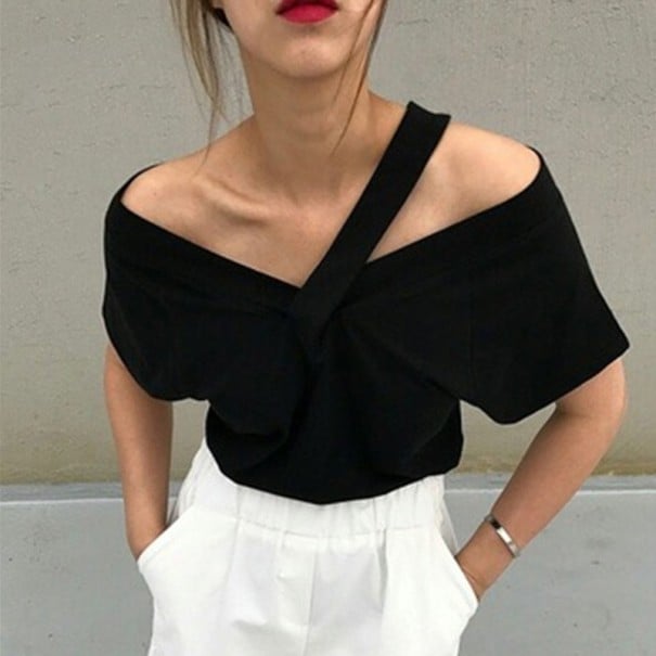 Asymmetrisk crop top för kvinnor B117 svart XL