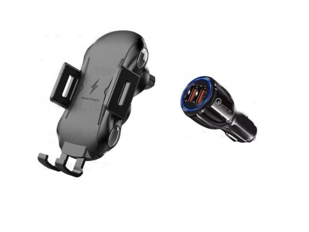 Ασύρματη φορτιστή αυτοκινήτου 10 W με βάση για κινητό τηλέφωνο Προσαρμογέας για αναπτήρα 18 W με δύο θύρες USB Quick Charge 3.0 2