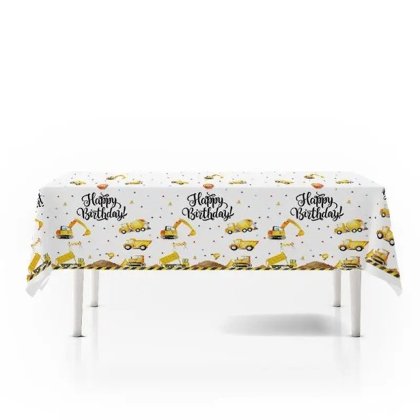 Asztali terítő 180 x 108 cm Boldog Születésnapot Építőipari járművek Parti terítő gyerek születésnapi ünnepséghez Tematikus építőipari parti 1