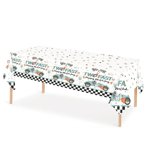 Asztalterítő 137 x 274 cm Two Fast Kék versenyautó Születésnapi parti asztalterítő gyerekzsúrokhoz verseny dekoráció 1