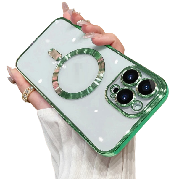 Átlátszó borító MagSafe támogatással és kameravédelemmel iPhone 15-höz világos zöld