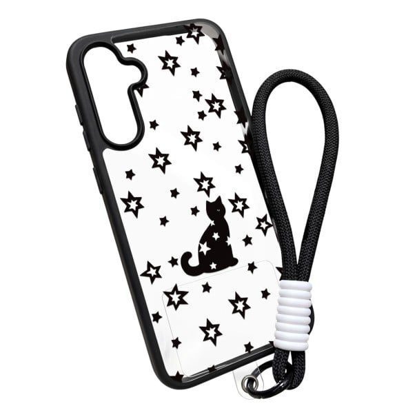 Átlátszó tok csuklópánttal Samsung Galaxy A05 Ellenálló Fekete macska és csillagok mintával Fekete szélek Kameravédő Mobiltelefon tok 1