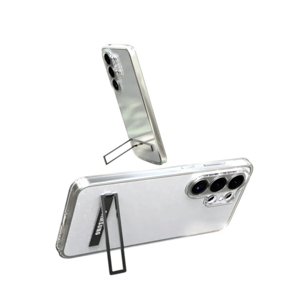 Átlátszó tok Samsung Galaxy S25 FE-hez kihajtható állvánnyal TPU és fém anyagból Mobiltelefon védőtok S25 FE videókhoz és videohívásokhoz fekete