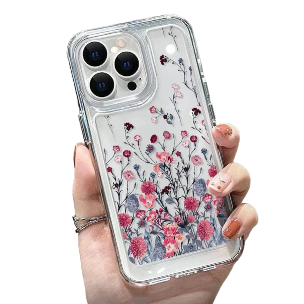 Átlátszó védőburkolat iPhone 15-höz, rózsaszín virágok 1