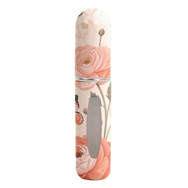 Atomiseur de voyage pour parfums avec spray 5 ml flacon compact rechargeable avec fenêtre beige avec motif floral rose-pêche pour sac à main 1