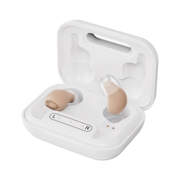 Audífonos mini intraauriculares con estuche de carga 2,3 x 1,2 x 0,9 cm amplificación 31 dB frecuencia 290 a 4500 Hz beige para personas mayores 1