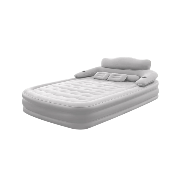 Aufblasbare Campingmatratze 203 x 152 x 48 cm mit abnehmbarem Rückenlehne und elektrischer Pumpe, erhöhte Gästebett für Gäste und im Zelt grau