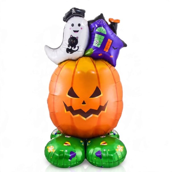 Aufblasbarer Kürbis mit Geist und Häuschen Stehender Ballon Halloween Dekoration 62 x 111 cm Orange mit grünem Sockel Party Dekoration 1