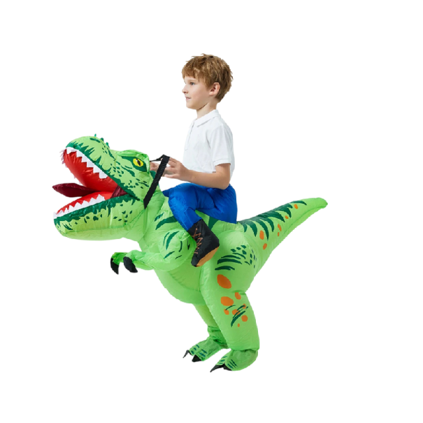 Aufblasbares Dinosaurier-Kostüm für Kinder mit Reiteffekt aus Polyestergewebe, Ventilator für 4 AA-Batterien, für Karneval und Kinderfeiern