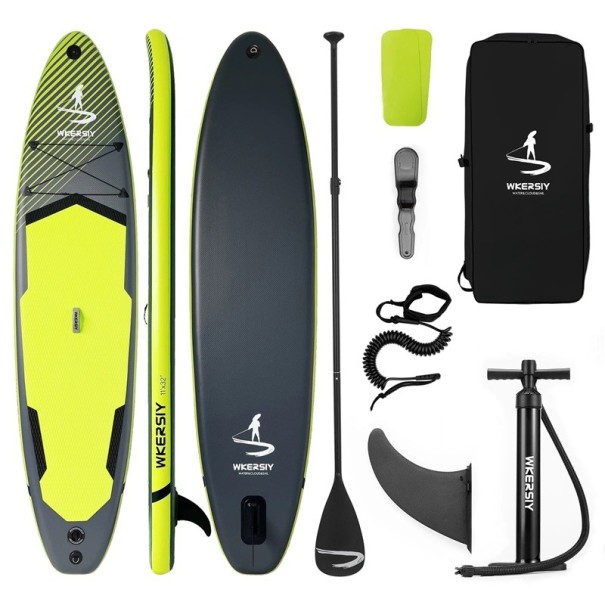 Aufblasbares Paddleboard Set 11' 335 x 81 x 15 cm Dreischichtiges PVC EVA Pad Tragfähigkeit 180 kg mit Pumpe Paddel und Finne Für Anfänger und Familien grau