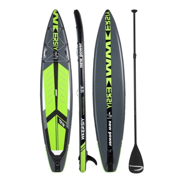 Aufblasbares Paddleboard Touristen-Set 12'6" 380 x 76 x 15 cm Dreischichtiges PVC EVA Matte Tragfähigkeit 140 kg mit Pumpe Paddel und Finne Grün