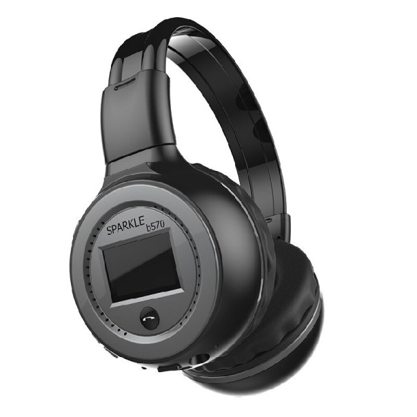 Auriculares Bluetooth sobre la oreja con radio FM y ranura para tarjeta Micro SD Pantalla en la copa Micrófono para llamadas Jack de 3,5 gris oscuro