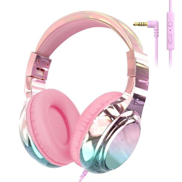 Auriculares con cable para niños con limitación de volumen de 85/94 dB, con conector de 3,5 mm, micrófono y diseño plegable para la escuela o viajes rosa claro