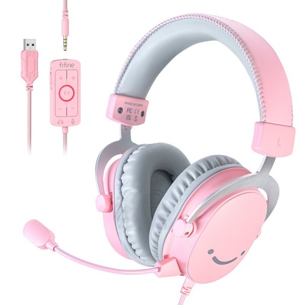 Auriculares gaming sobre la cabeza con micrófono sonido envolvente 7.1 USB y conector de 3,5 mm para PC PS4 PS5 Xbox diseño cómodo rosa