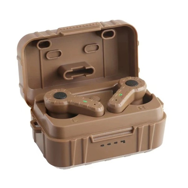 Auriculares inalámbricos intrauditivos Reducción de ruido Grabación de sonido Batería externa con forma de caja militar 8-13 horas de duración de batería Aumento de volumen Carga USB marrón claro