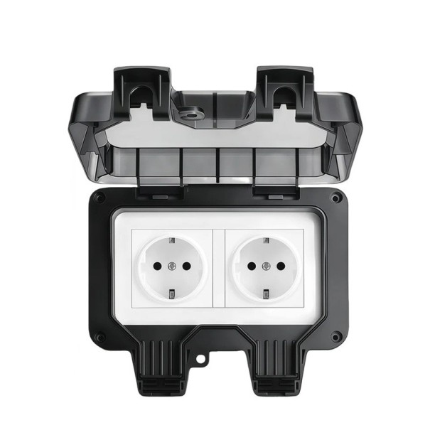 Außen doppelte EU-Steckdose mit Erdung, wasserdicht IP66, 16 A, 220 V, Wandmontage Kunststoffgehäuse mit Deckel, schwarz, für Garten und Terrasse