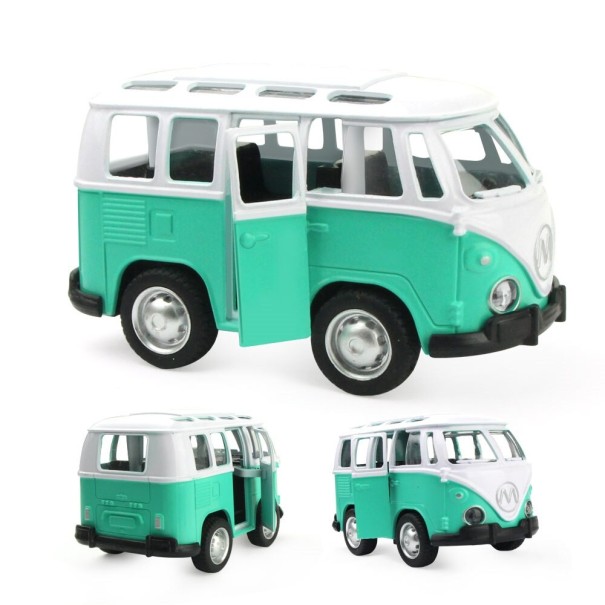 Autito retro bus Modelo de microbús clásico con techo blanco y puertas laterales que se abren Aleación de metal y plástico ABS Dimensiones 10 x verde