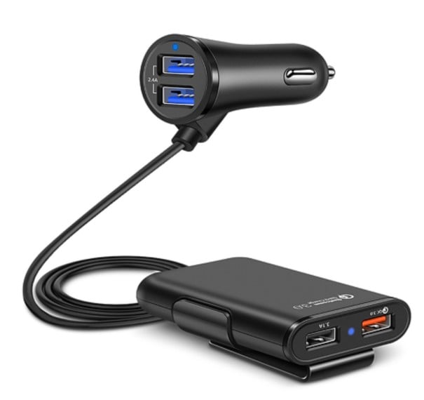 Auto-Ladegerät mit 4 USB-Anschlüssen und Clip für den Sitz Schnellladung QC 3.0 Eingang 12 bis 24 V für PKWs und Lkw Kabel 1,7 m Schwarz 1
