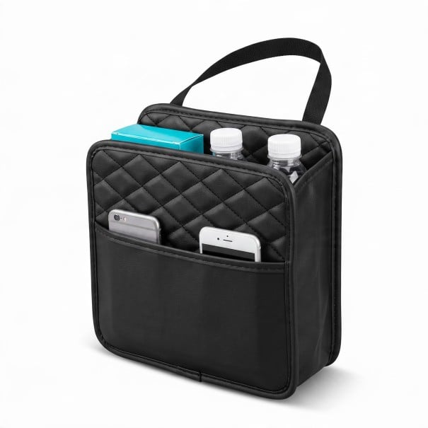 Auto-Sitzorganizer Universal mit Vordertasche 25,5 x 25 cm Kunstleder Gesteppt Schwarz Für Rückenlehne und Konsole 1