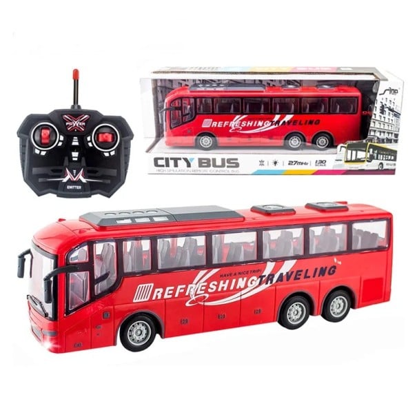 Autocarro RC 1:30 31,5×11,5×8 cm Modelo eléctrico 27 MHz Controlo remoto de 4 canais Luzes LED Autocarro turístico urbano para crianças 1
