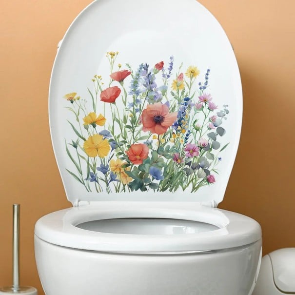 Autocolant decorativ pentru capacul WC 29 x 25 cm Motiv flori și frunze autocolant pentru toaletă Aplicare ușoară Decorațiune delicată naturală 1