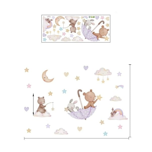 Autocolante de parede 87,2 x 59 cm Urso com coelhinho de guarda-chuva Decoração de parede infantil translúcida em vinil mate Decoração delicada 1