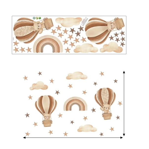 Autocolante de parede 98 x 64 cm Ursinhos em balões castanhos Decoração de parede infantil translúcida em vinil mate Decoração delicada e adorável para o quarto 1