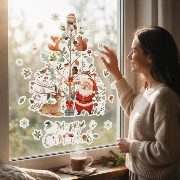 Autocolantes de Natal para janelas com o Pai Natal e animais Árvore com raposa e corça Folha 45 x 30 cm Inscrição Feliz Natal e flocos de neve 1