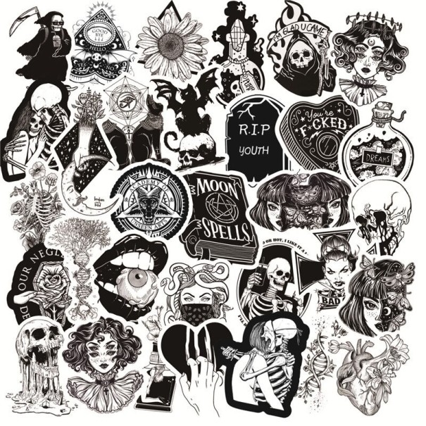Autocolantes preto e branco com motivos góticos 50 pcs Conjunto de autocolantes em PVC com tamanhos de 3 a 7 cm Em estilo sombrio para fãs de horror 1