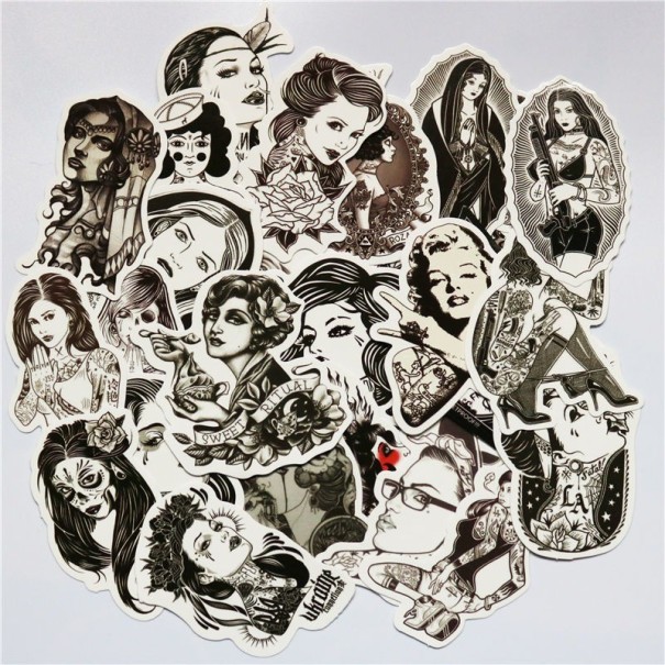 Autocolantes preto e branco de PVC 68 pcs Ilustrações de mulheres com tatuagens e flores Tamanho cerca de 5 cm Para decorar e personalizar objetos 1